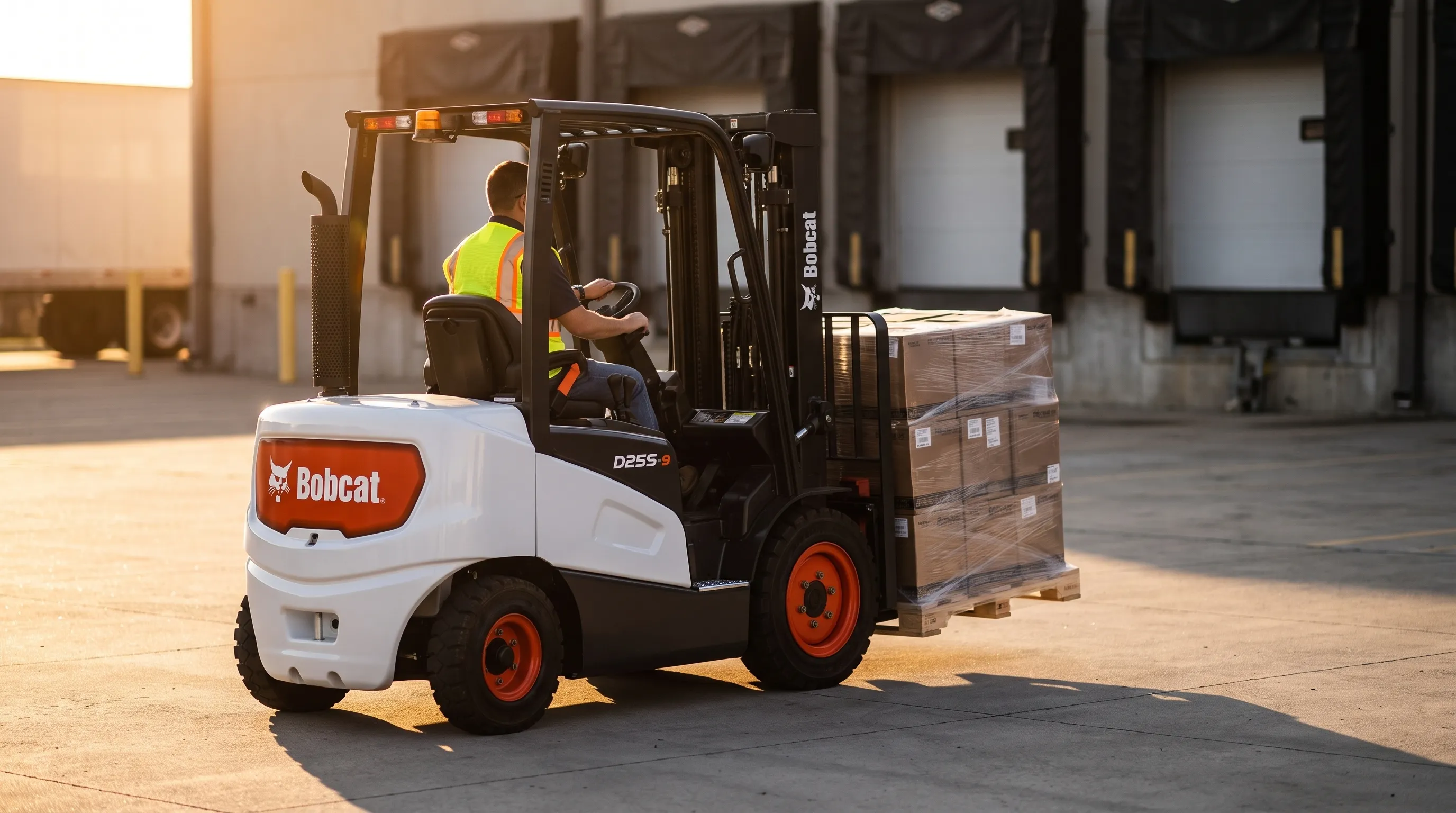 Bobcat forklift carrying a pallet across a distribution yard at sunset