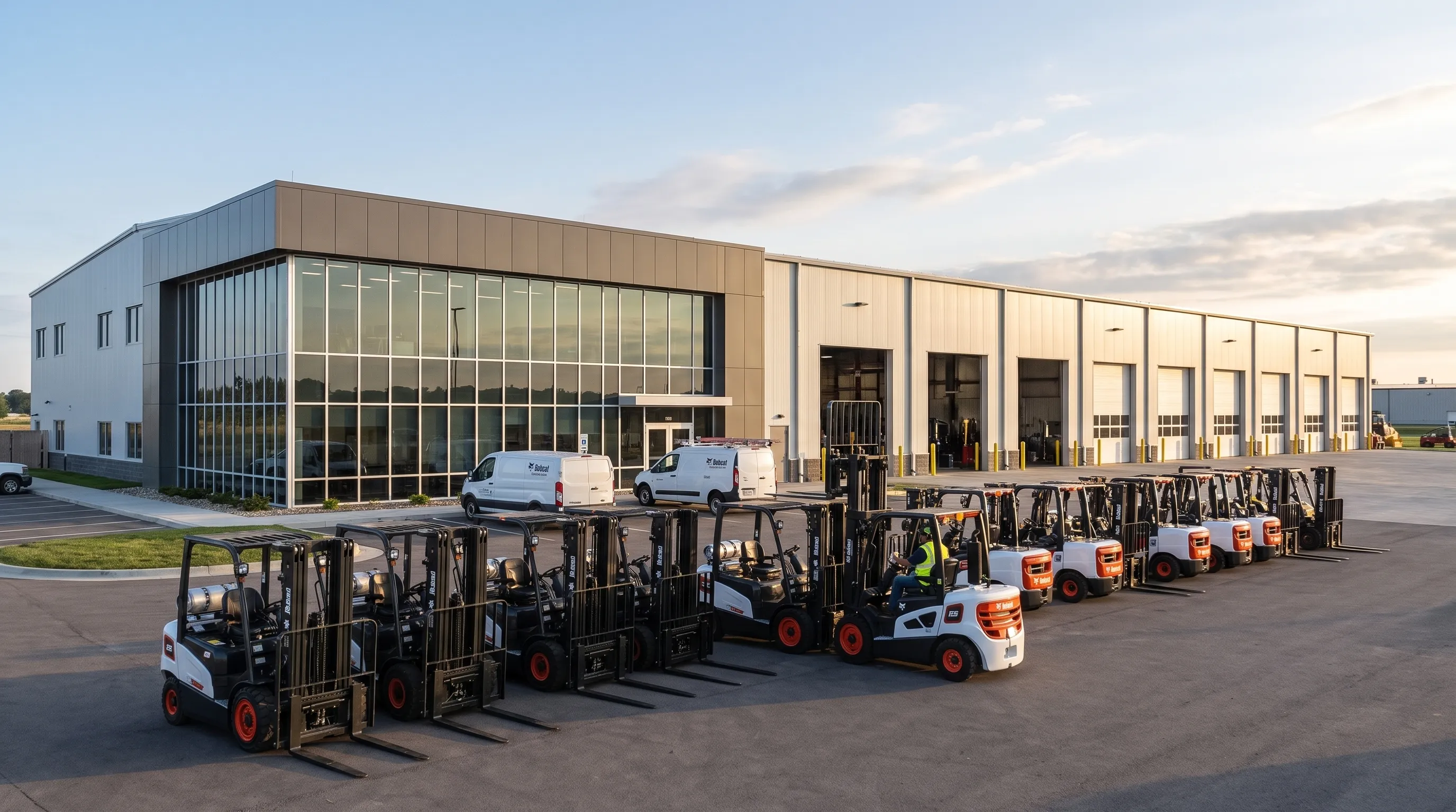 Forklift dealership campus with a row of Bobcat forklifts and service vans staged out front