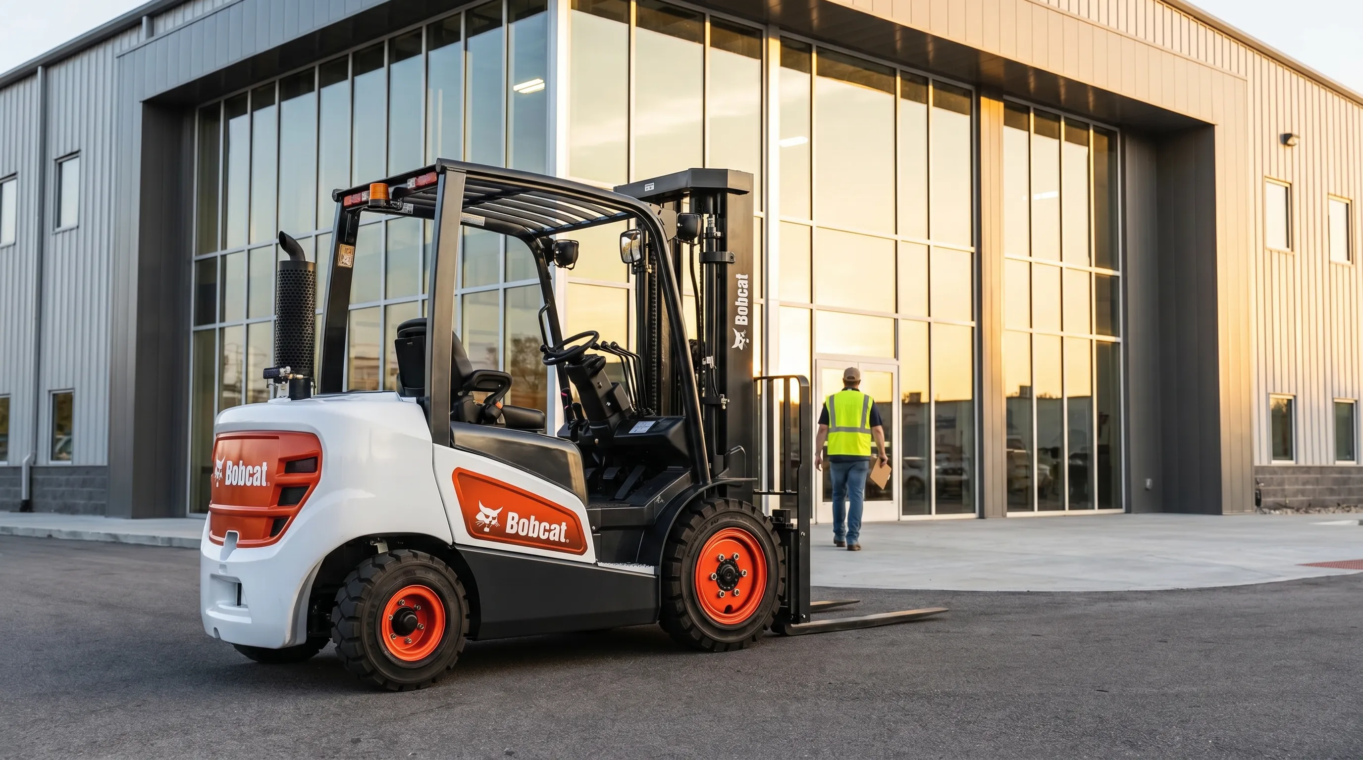 Bobcat forklift parked outside the dealership entrance