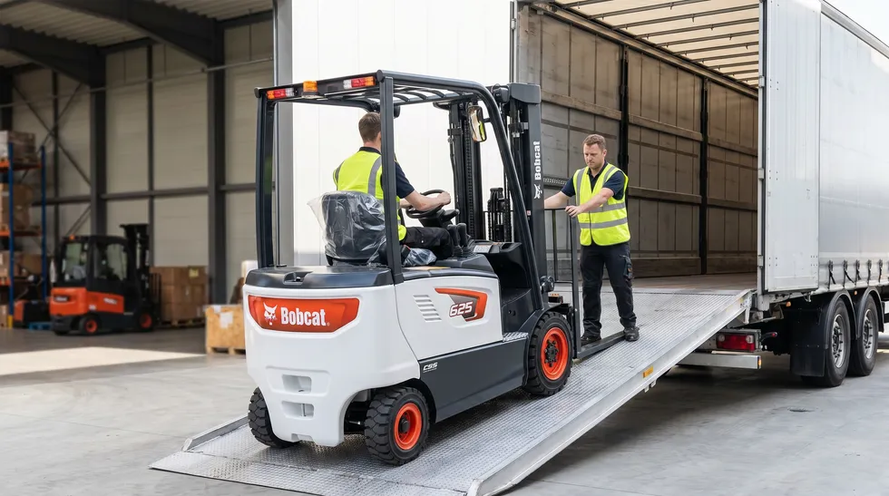 New Bobcat forklift rolling off a delivery trailer on delivery day