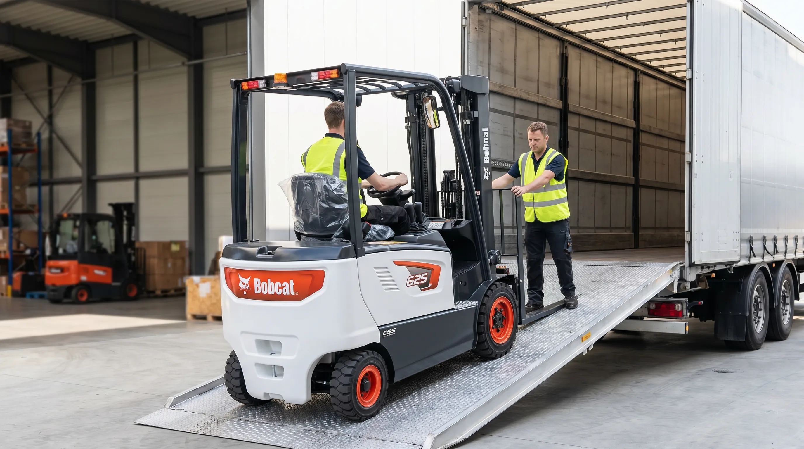New Bobcat forklift rolling off a delivery trailer on delivery day