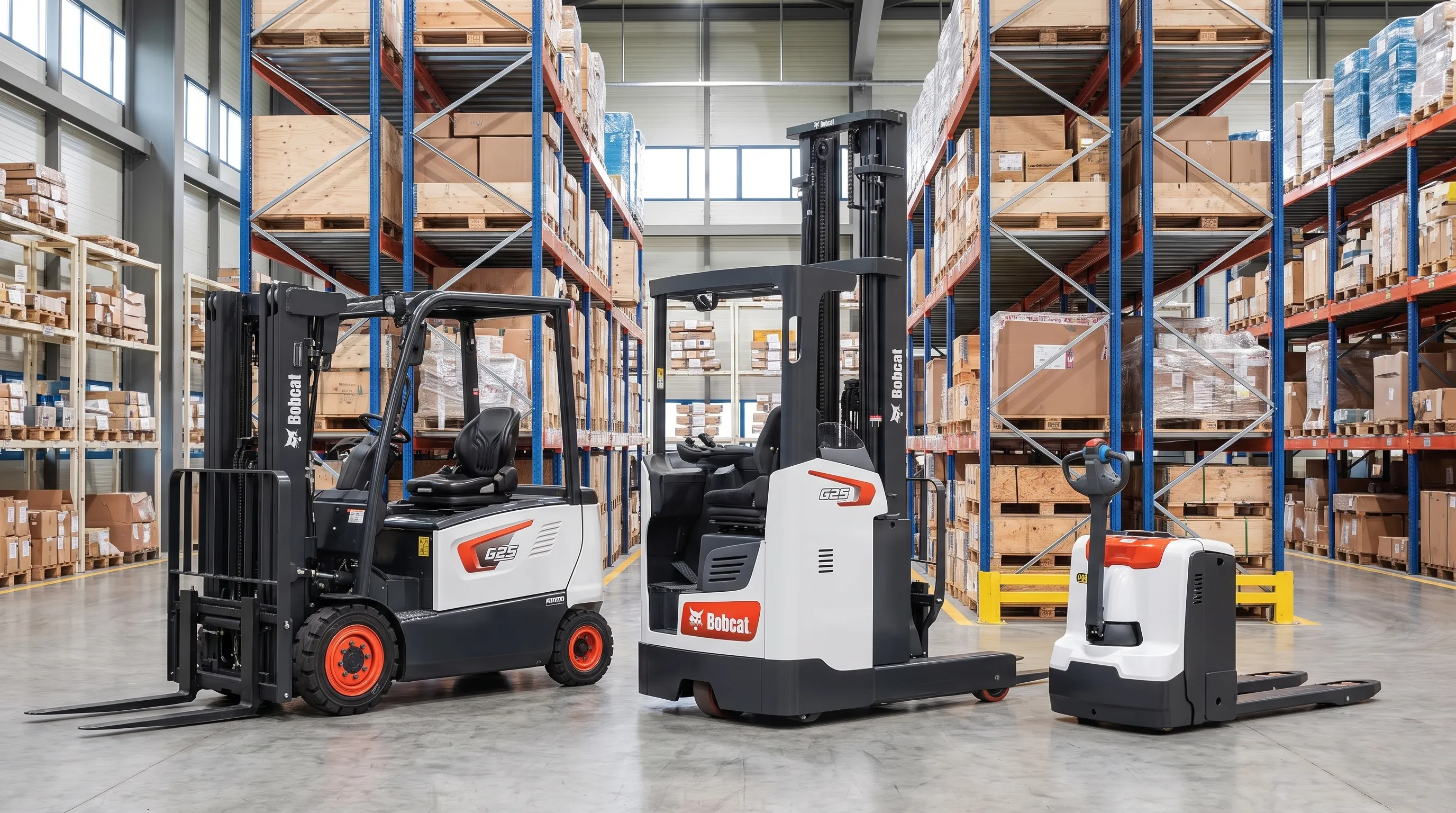 Three Bobcat forklift types side by side: counterbalance, reach truck, pallet jack