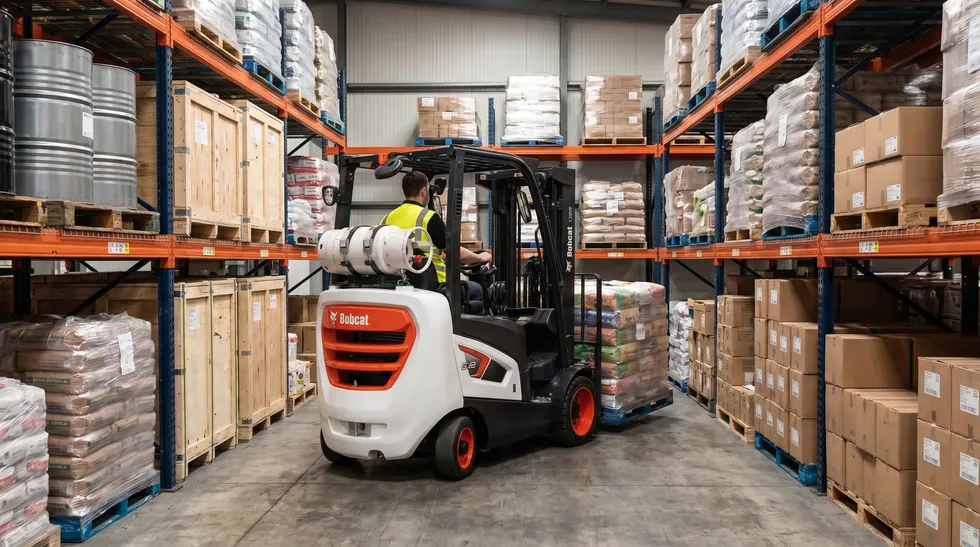 Bobcat forklift moving a pallet through a mixed-freight warehouse