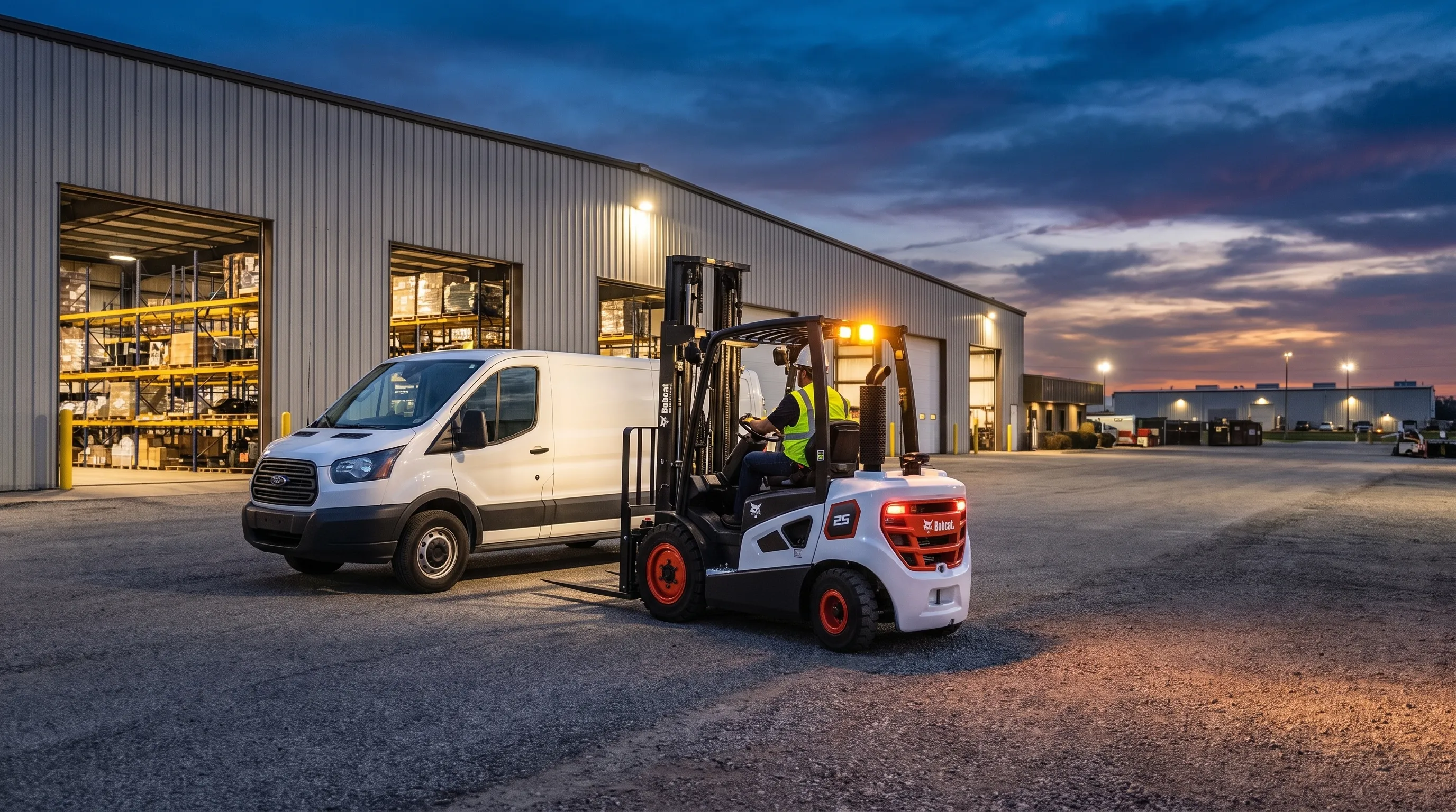 Bobcat forklift and service van staged on the dealer yard at dusk