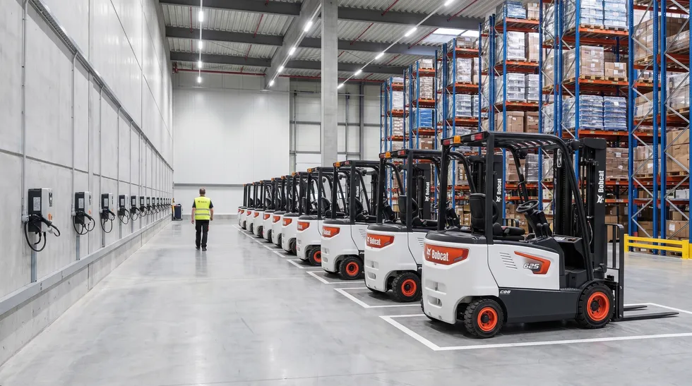 Fleet of identical Bobcat electric forklifts staged at a charging wall