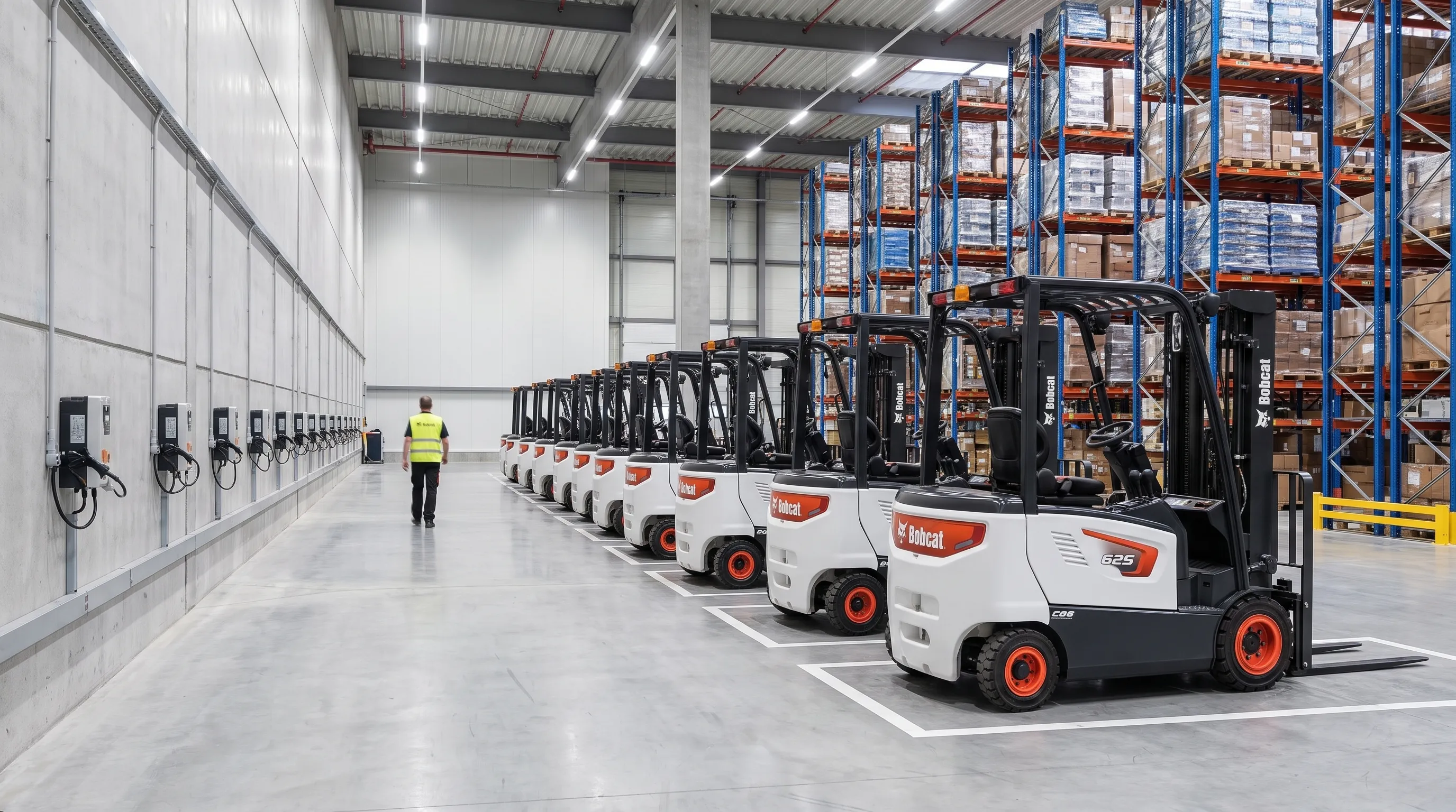 Fleet of identical Bobcat electric forklifts staged at a charging wall