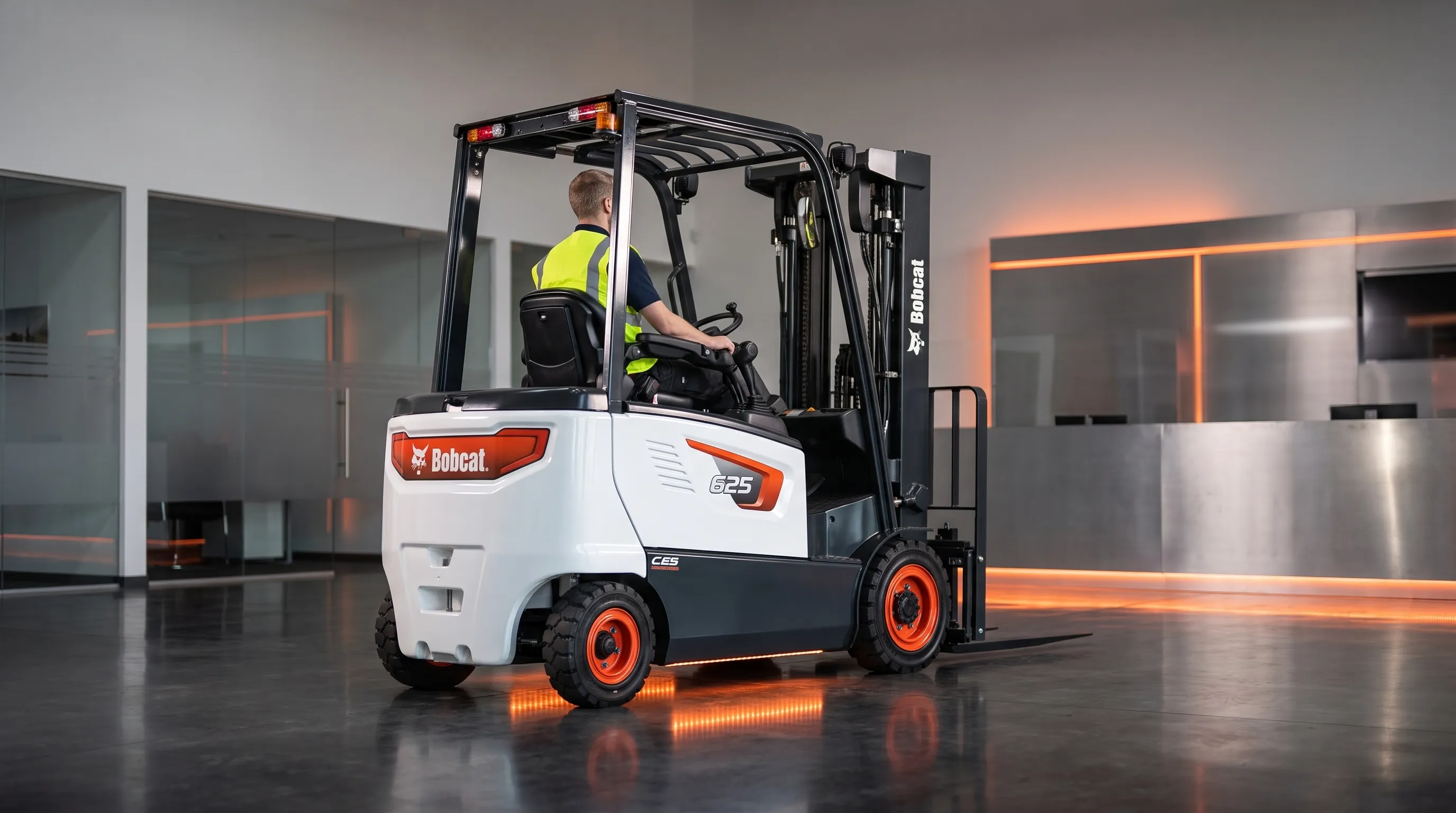 New Bobcat electric forklift in a dealership showroom