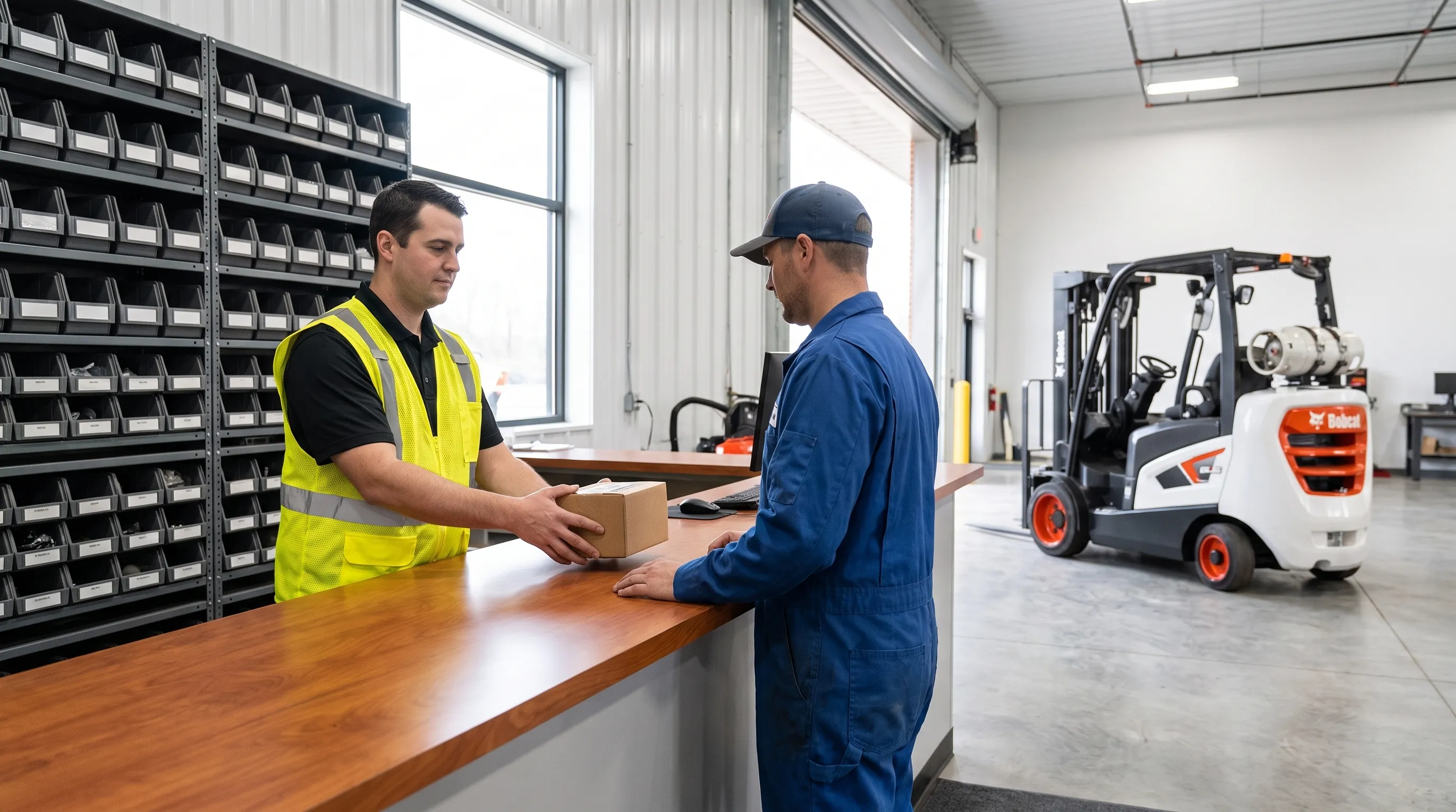 Forklift parts counter handing over an OEM part, Bobcat forklift in the shop
