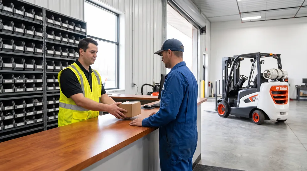 Forklift parts counter handing over an OEM part, Bobcat forklift in the shop