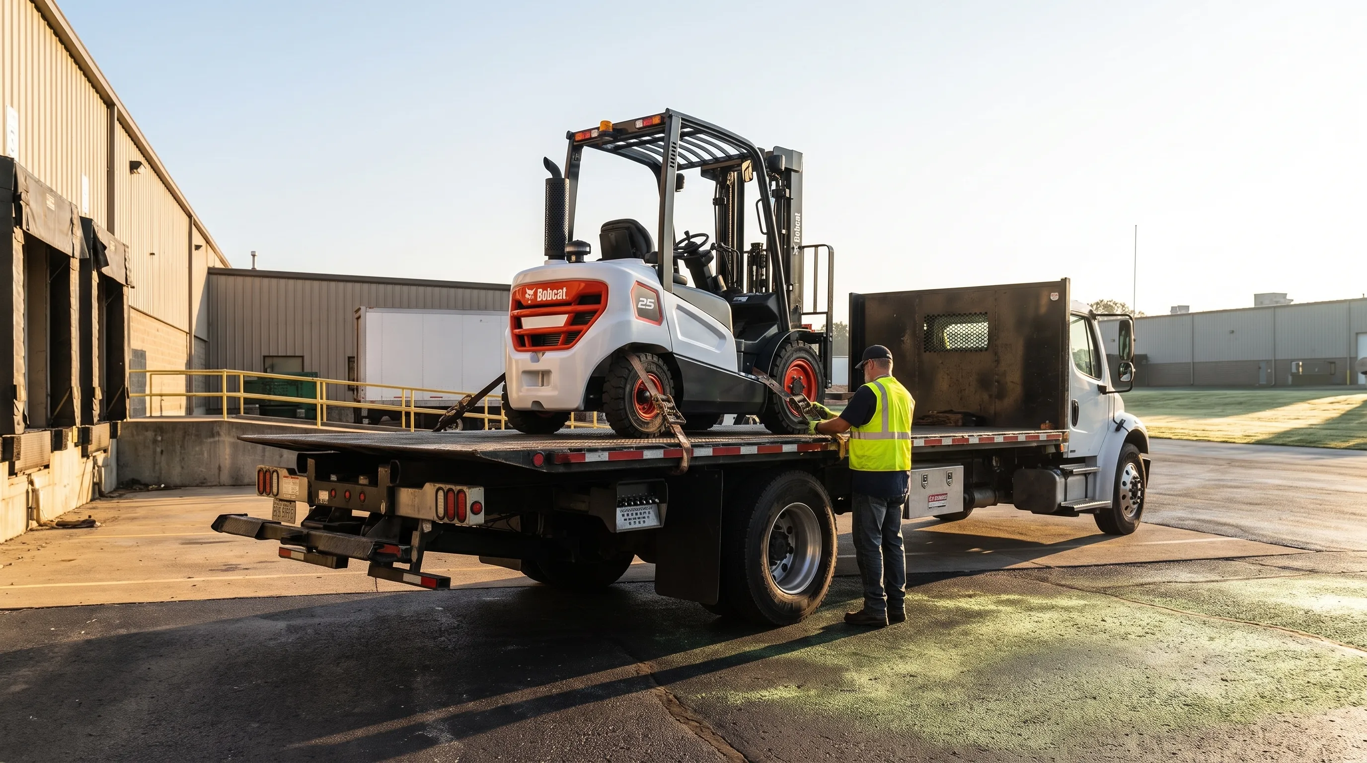 Bobcat forklift arriving on a flatbed rental delivery truck at sunrise