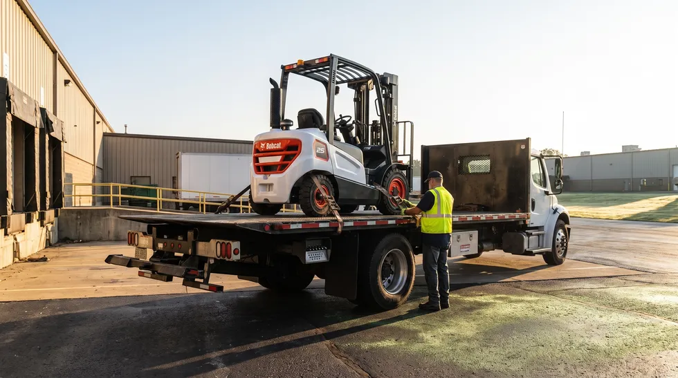 Bobcat forklift arriving on a flatbed rental delivery truck at sunrise