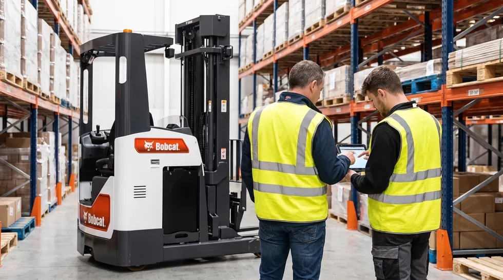 Supervisor and operator reviewing a tablet beside a Bobcat reach truck