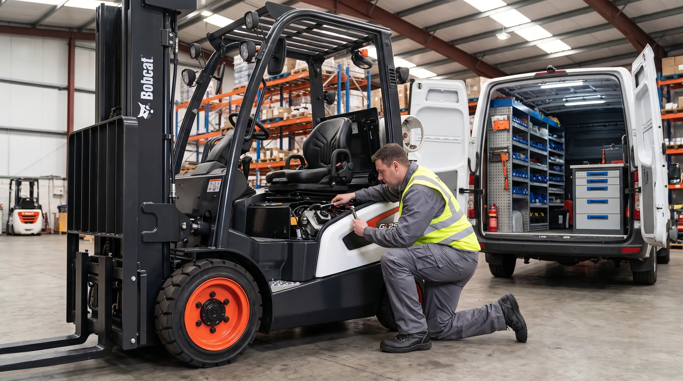 Field service technician working on a Bobcat forklift beside a service van