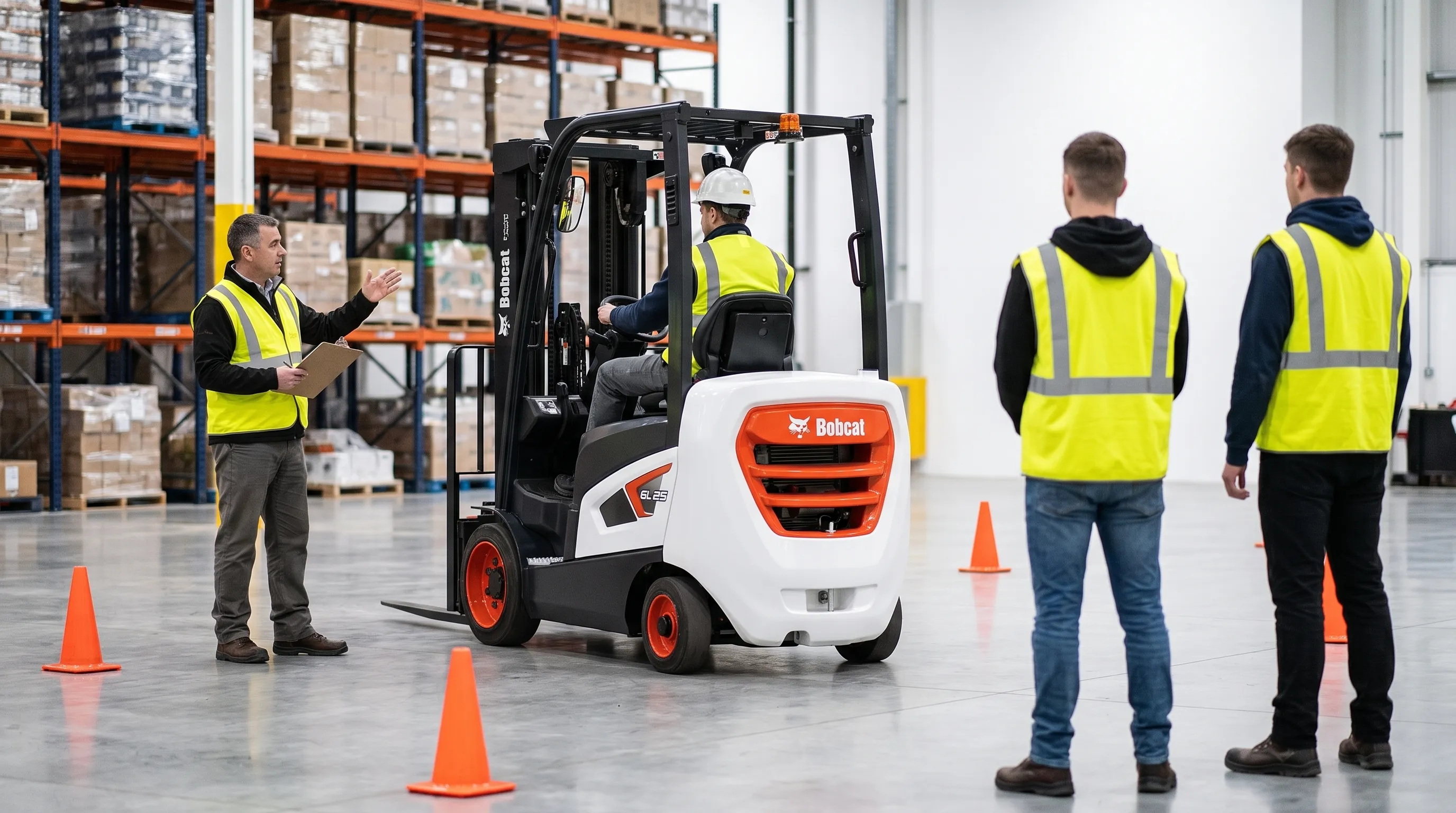 Safety trainer with a clipboard instructing forklift trainees beside a Bobcat forklift on a coned practice course