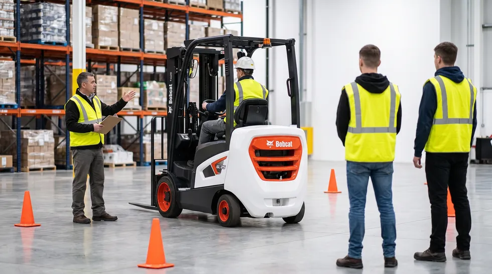 Safety trainer with a clipboard instructing forklift trainees beside a Bobcat forklift on a coned practice course