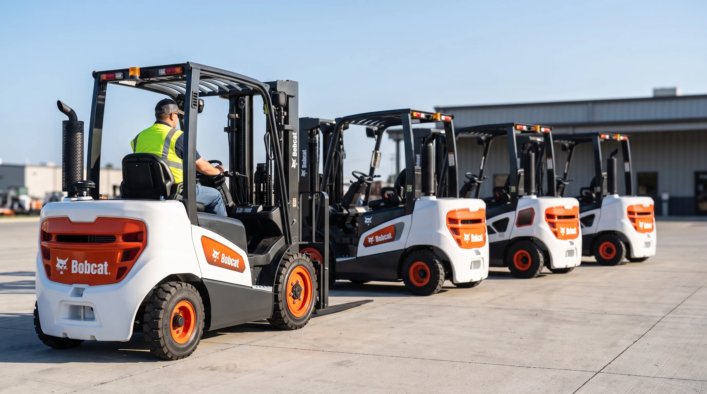 Row of reconditioned used Bobcat forklifts lined up on the dealer lot
